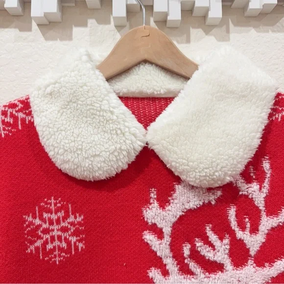 J.ING Jing Red Pullover Oversize Christmas Sweater w/ White Collar One Size NWT - Picture 7 of 10